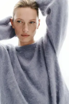 Pull en laine brossée avec foulard - Bleu ancien clair — photo 2