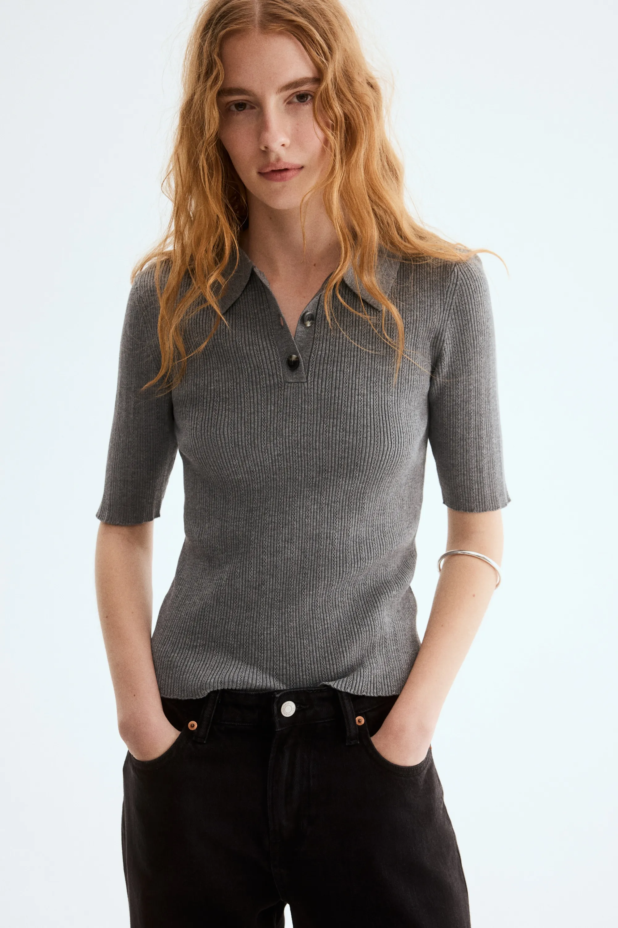 Top en maille pointelle - Gris chiné