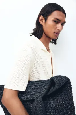 Chemise Regular Fit en maille ajourée - Crème — photo 3