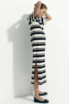 Longue robe T-shirt - Crème/rayures noires — photo 2