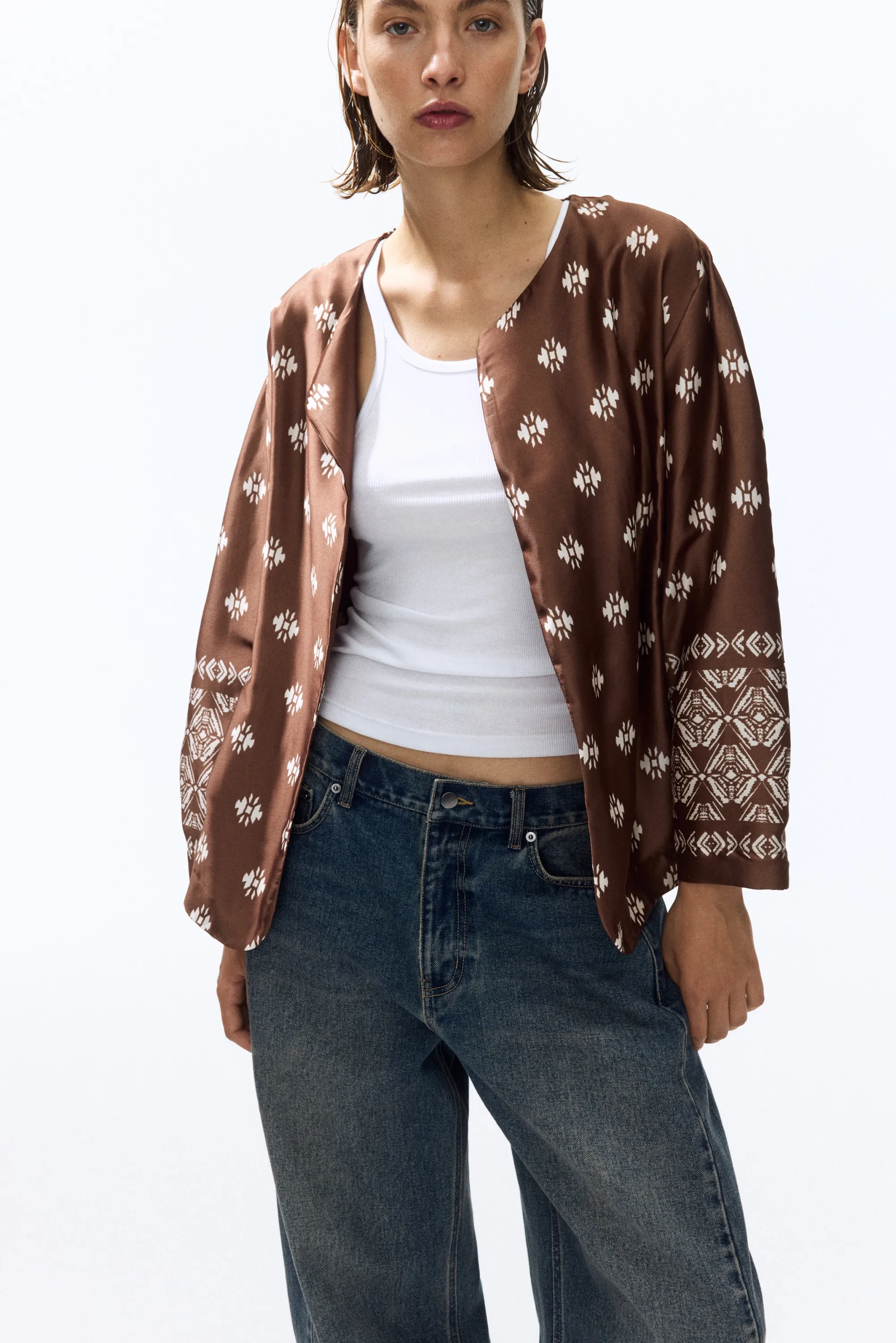 Tie-belt satin blazer - Marron/motif