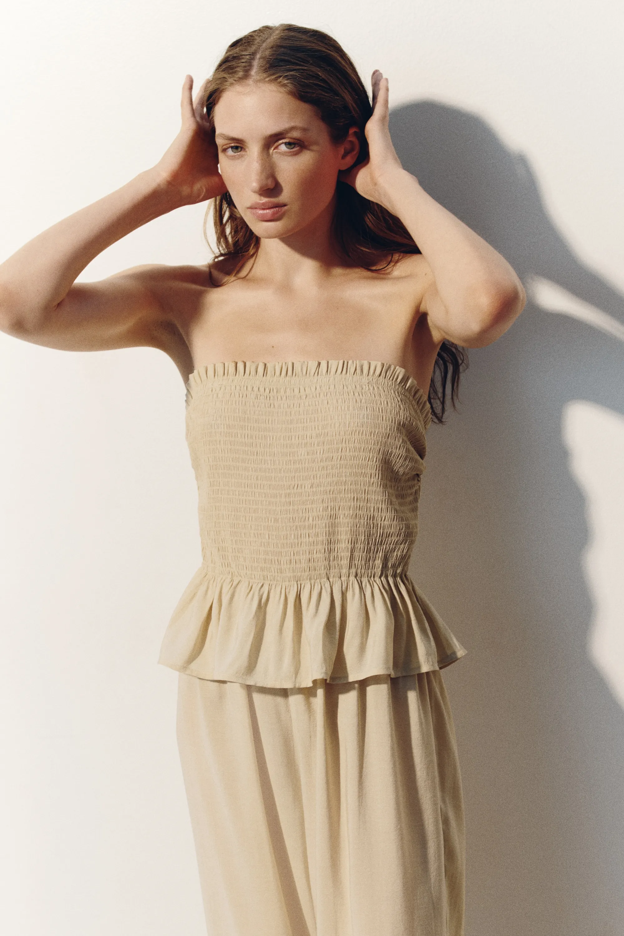 Combi-pantalon bandeau smocké - Beige
