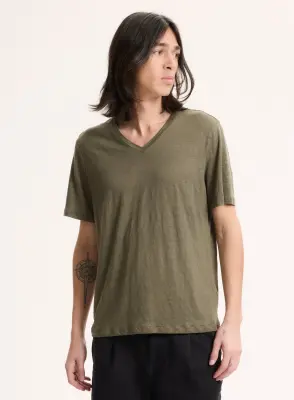 T-shirt Vert Col V Manches Courtes en Lin / Elasthanne — photo 3