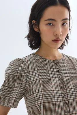 Bubble-hem dress - Beige/carreaux — photo 2