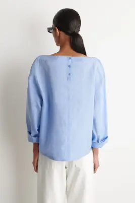 BLOUSE EN LIN À COL BATEAU - BLEU CIEL — photo 5