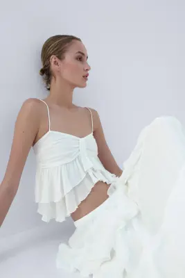 Jupe à étages froissée - Crème — photo 2