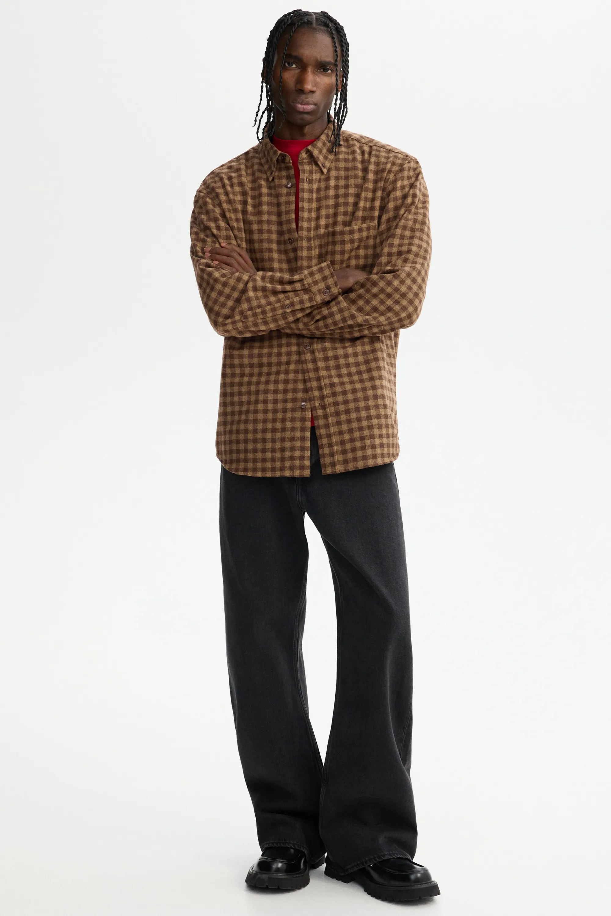 Chemise Relaxed Fit en laine mélangée - Taupe foncé/carreaux