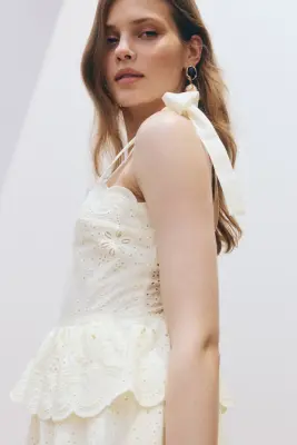 Robe en broderie anglaise avec bretelles à nouer - Crème — photo 3