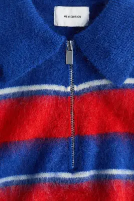 Pull à col zippé en mohair mélangé - Bleu vif/rayures rouges — photo 5