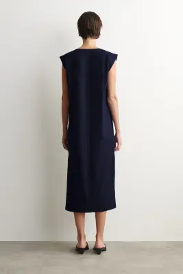 FOLDED-SHOULDER COTTON-JERSEY MIDI DRESS - BLEU MARINE — photo 3