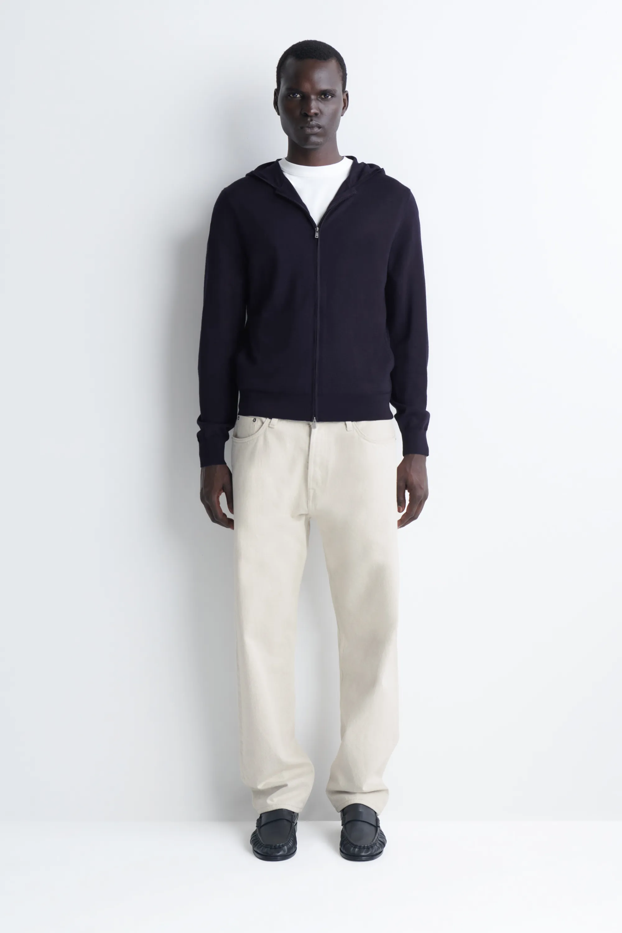 SWEAT À CAPUCHE ZIPPÉ EN LAINE MÉRINOS - BLEU MARINE