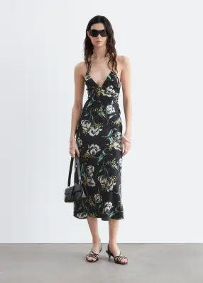 Robe combinaison midi en satin - Noir/Motif fleuri — photo 1