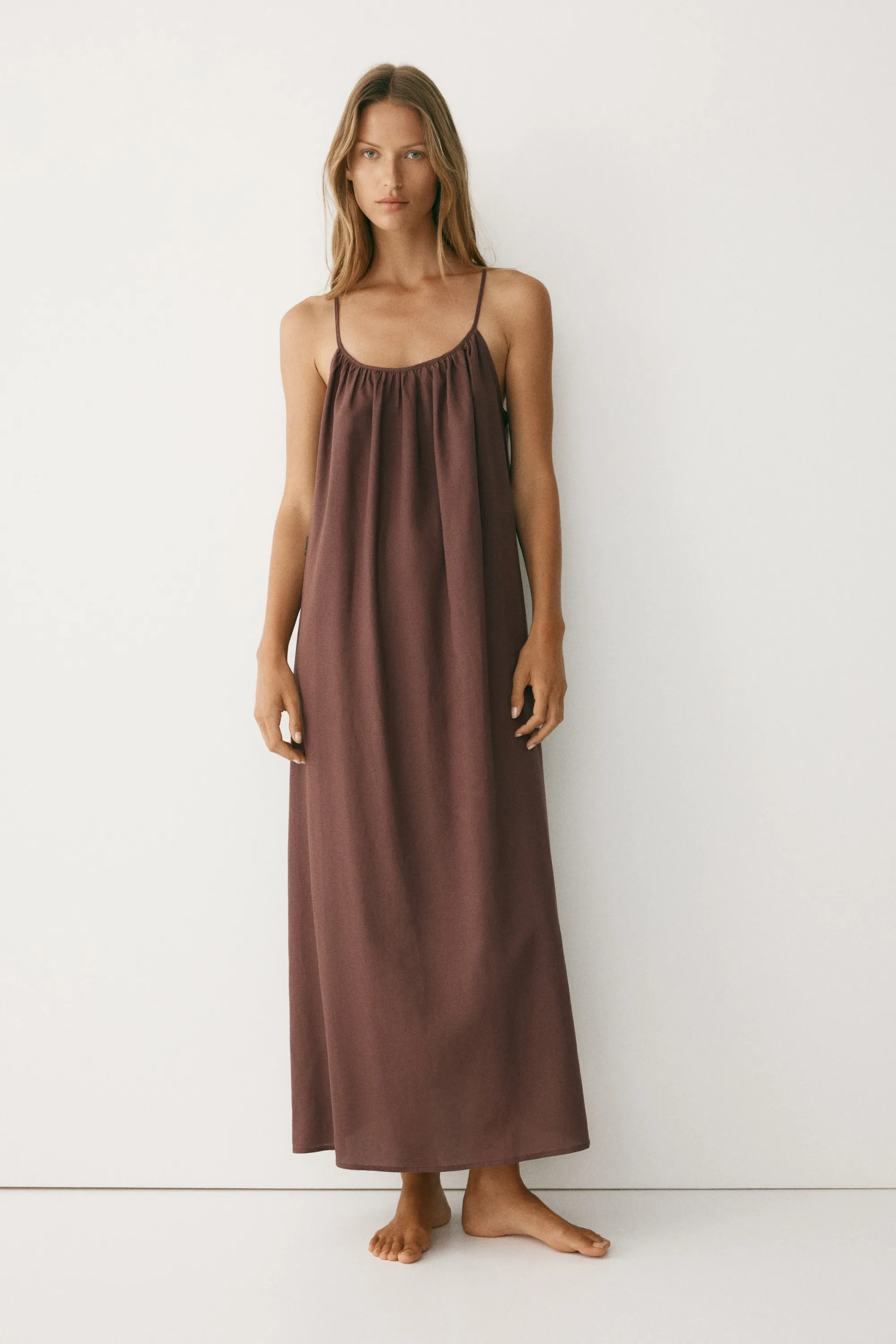 Robe sans fermeture en lin mélangé - Marron foncé