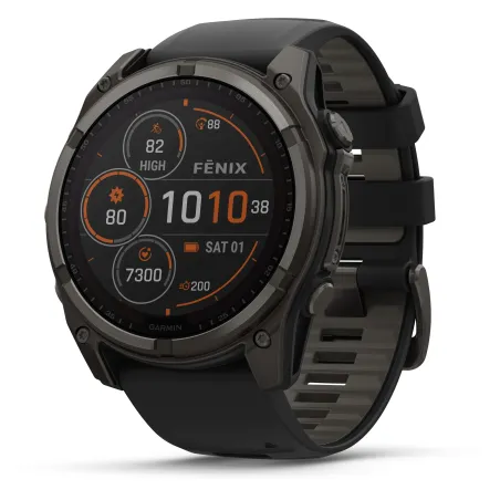 Garmin Fenix 8 Solar 51mm Verre Sapphire lunette Carbon Gray DLC bracelet noir/gris galet 010-02907-11