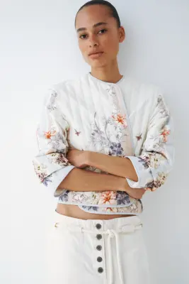 Veste matelassée en lin mélangé - Crème/fleuri — photo 2