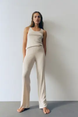 Pantalon en maille côtelée - Beige clair chiné — photo 1