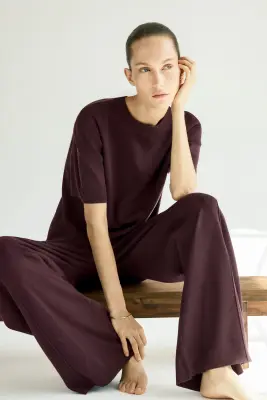 Pantalon large en maille fine - Bordeaux — photo 2