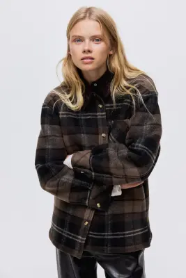 Veste-chemise doublée de tissu Teddy bear - Marron foncé/carreaux — photo 2