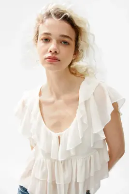 Blouse volantée avec liens à nouer - Crème — photo 1