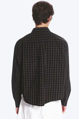 Chemise carrée à manches longues en popeline de coton - Noir/marron à carreaux — photo 3