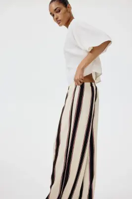 Pantalon large avec taille élastique - Crème/rayé — photo 1
