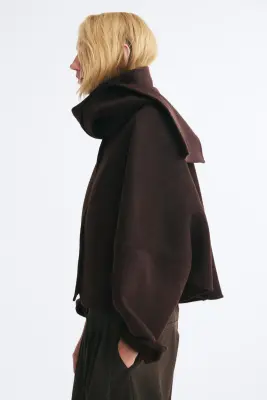 Veste en laine mélangée avec col écharpe - Marron foncé — photo 3