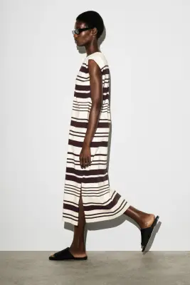 FOLDED-SHOULDER COTTON-JERSEY MIDI DRESS - BLANC / BRUN / RAYÉ — photo 2