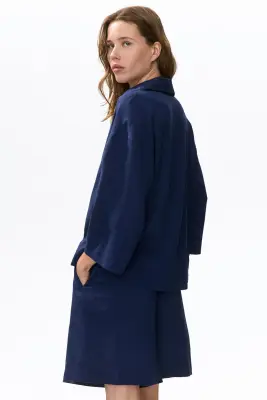 Chemise popover en lin mélangé - Bleu foncé — photo 3