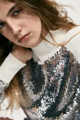 Top à sequins avec épaulettes - Crème/argenté — photo 2