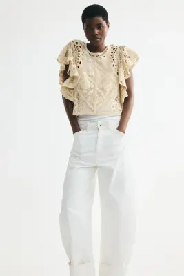 Top façon crochet avec manches volantées - Beige — photo 2