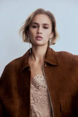 Veste en cuir velours - Marron — photo 2
