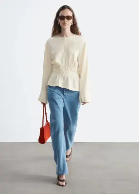 Blouse en lin avec taille à smocks - Écru — photo 3