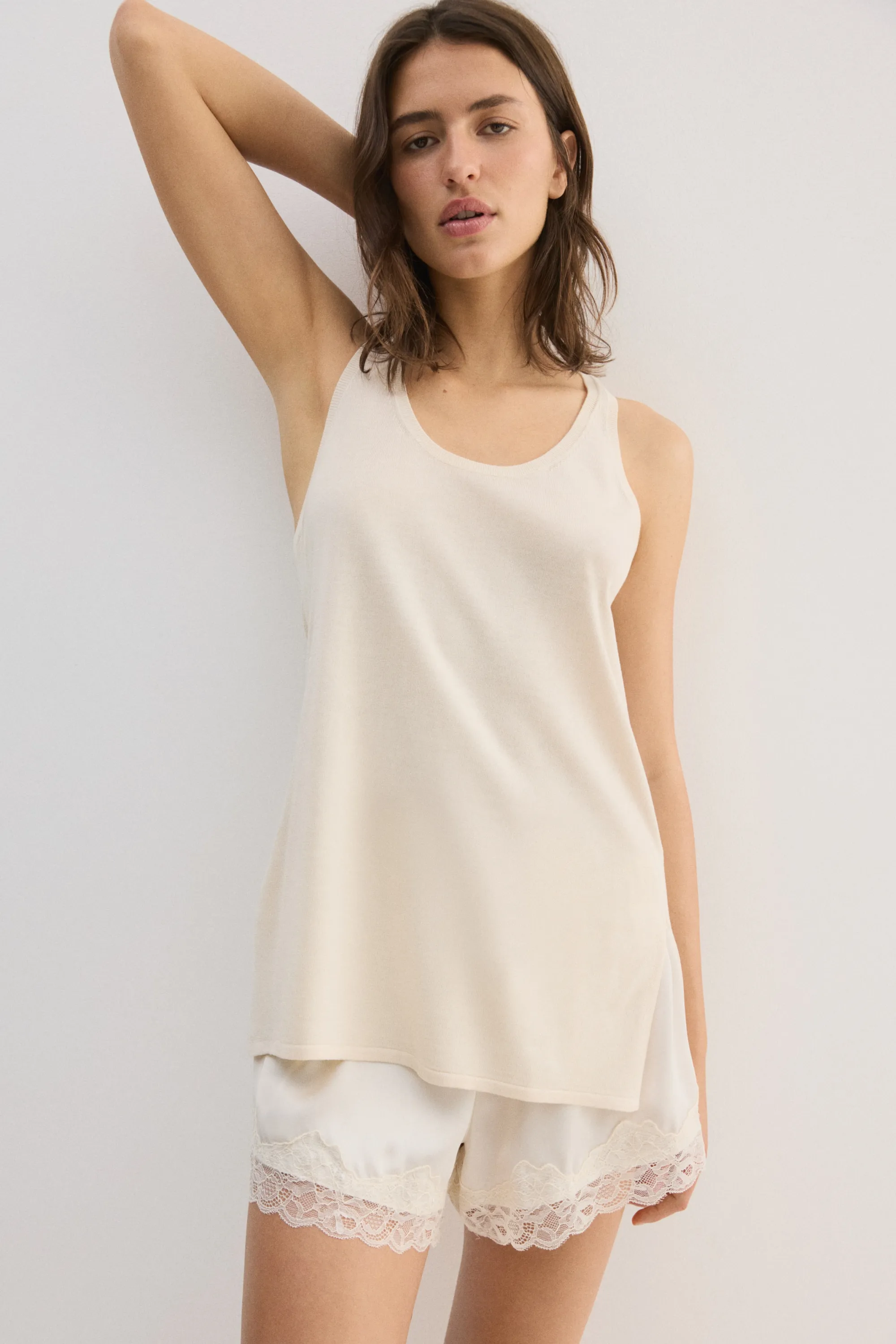 Top long en maille fine - Beige clair