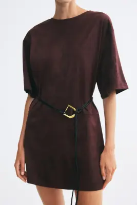 Robe en tissu gratté avec ceinture - Violet foncé — photo 2