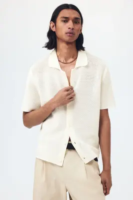 Chemise Regular Fit en maille ajourée - Crème — photo 1