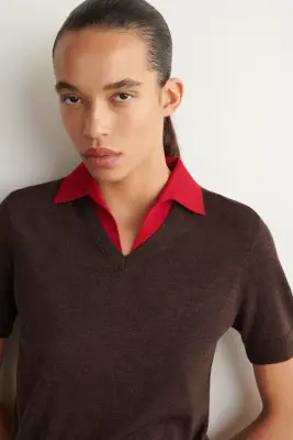 POLO SUPERPOSÉ EN LAINE MÉRINOS - MARRON / ROUGE — photo 2