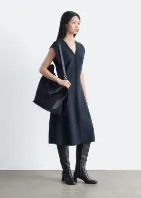 Robe midi en coton et laine - Bleu foncé — photo 5