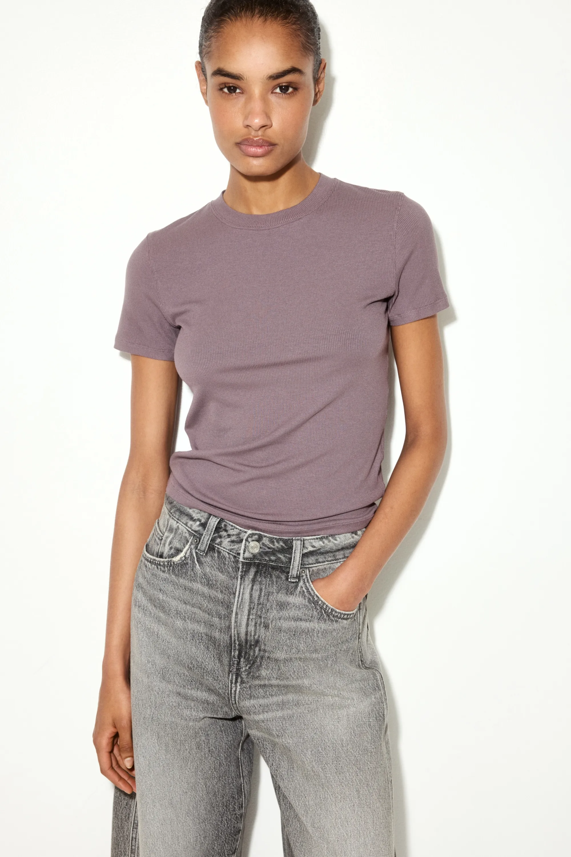 T-shirt côtelé en viscose - Violet ancien