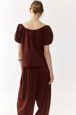 Blouse en lin mélangé avec manches bouffantes - Brun rouille — photo 2
