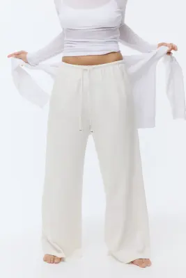 Pantalon en coton avec cordon de serrage - Crème — photo 3