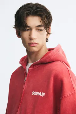 Veste imprimée Oversized Fit avec capuche et zip - Rouge framboise/Scream — photo 1