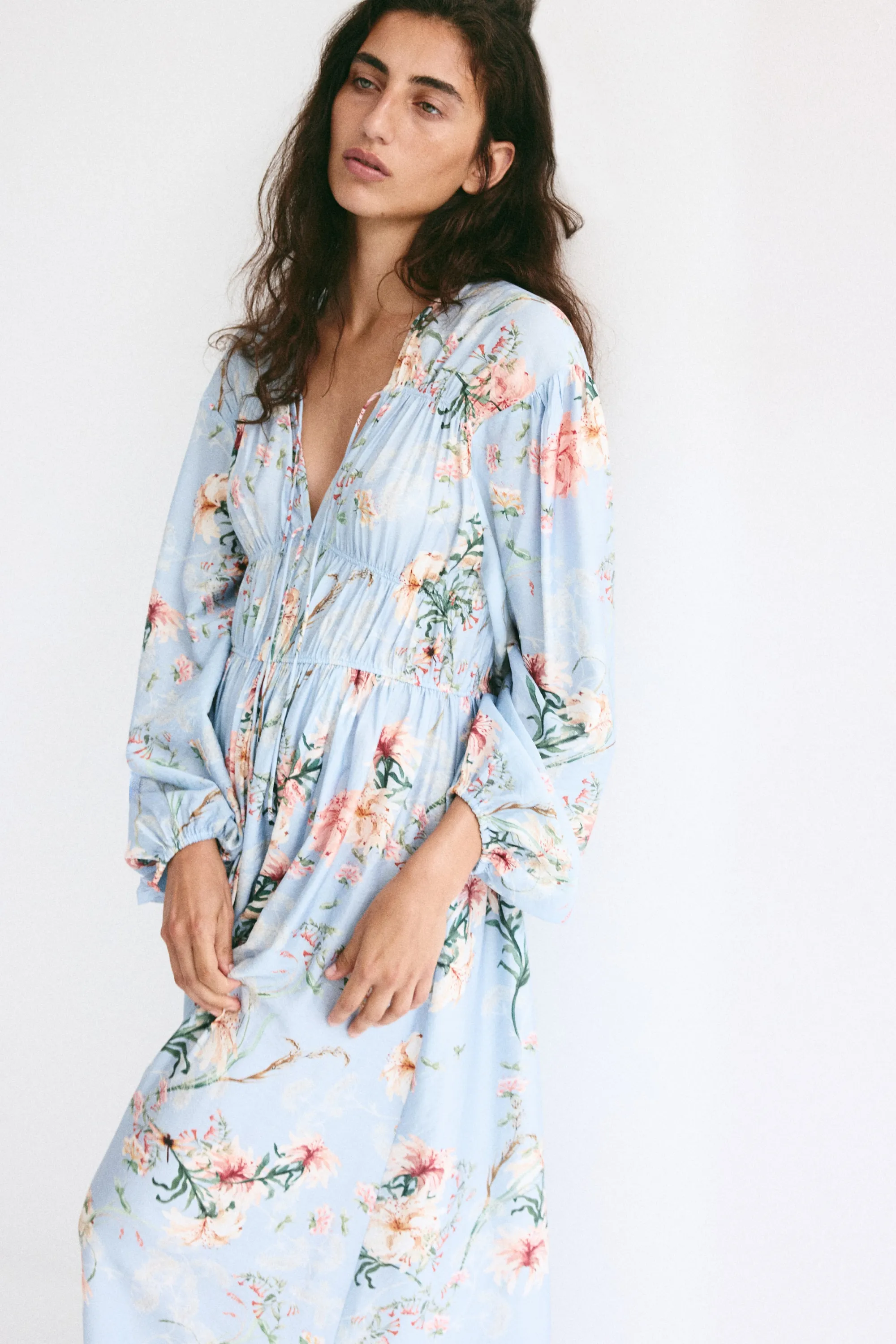 Robe imprimée avec détail à nouer - Bleu clair/fleuri