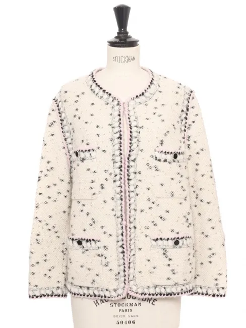 Veste en laine et cachemire blanche noire lilas et dorée Pre-Fall 2021 Prix boutique 3500€ Taille 40