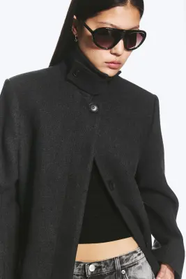 Manteau oversize en laine mélangée à boutonnage simple - Gris foncé chiné — photo 2