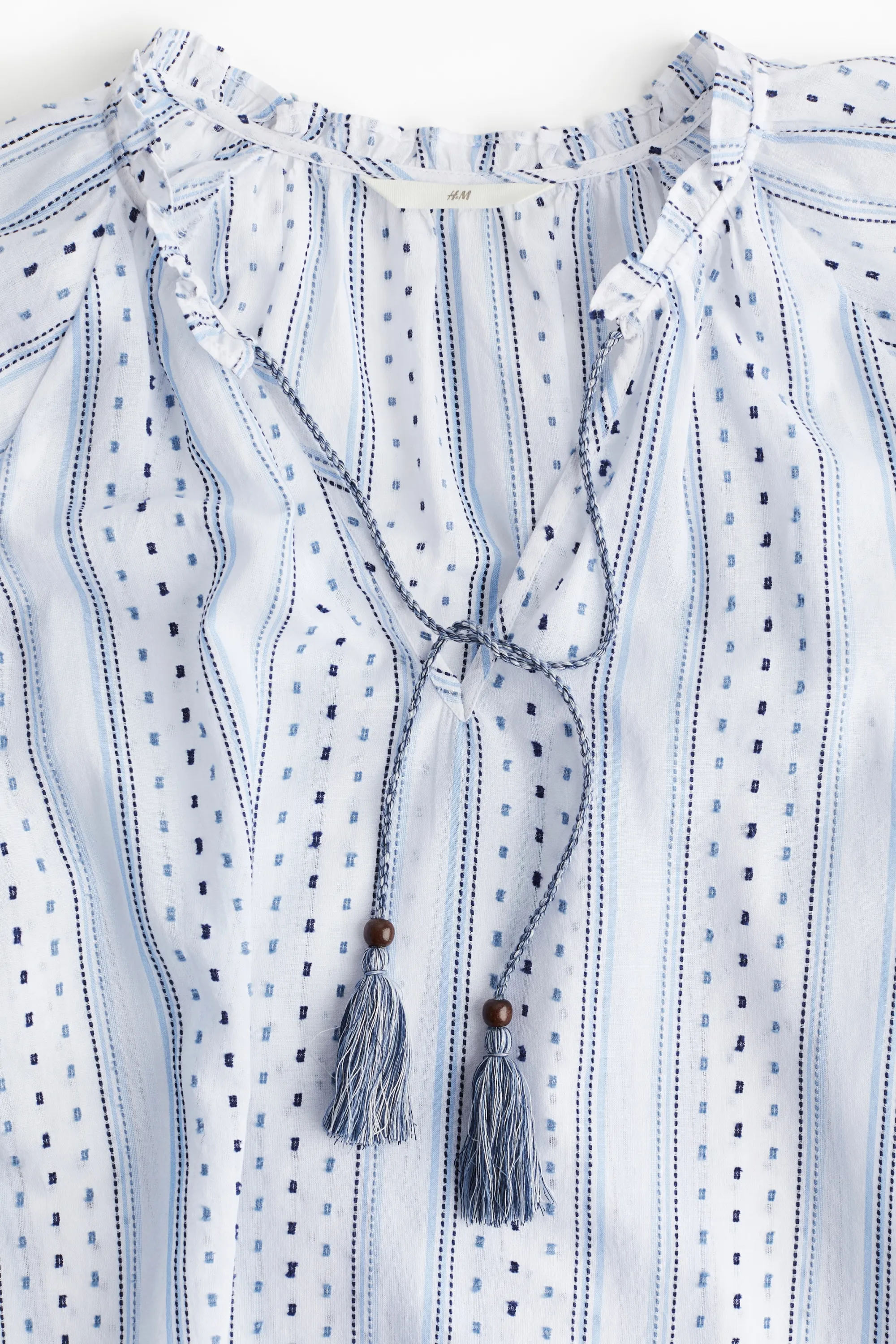 Blouse en coton avec cordon de serrage - Blanc/rayures bleues
