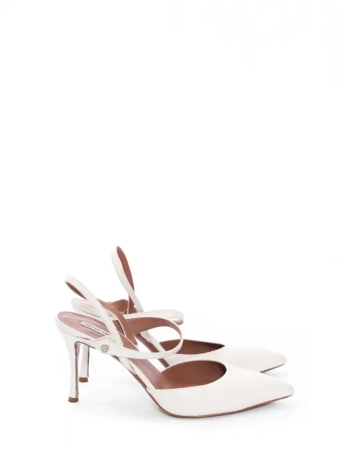 Escarpins ouverts à talon fin bout pointu bride cheville en cuir blanc Prix boutique $695 Taille 37