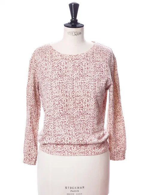 Sweat court col rond en coton blanc imprimé rouge bordeaux et rose Taille S