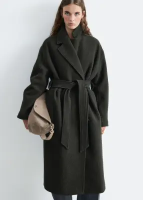 Manteau volumineux en laine avec ceinture - Vert foncé — photo 4