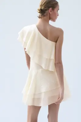 Robe asymétrique volantée - Crème — photo 3