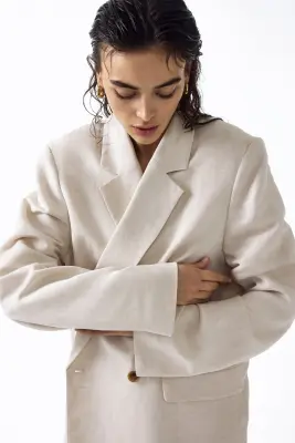 Blazer à fermeture croisée en lin mélangé - Beige clair — photo 2
